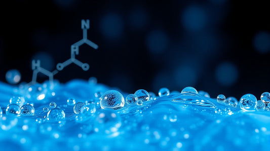 blaue Flüssigkeit mit angedeuteter chemischer Formel als Sinnbild für Hyaluronsäure in der Kosmetik