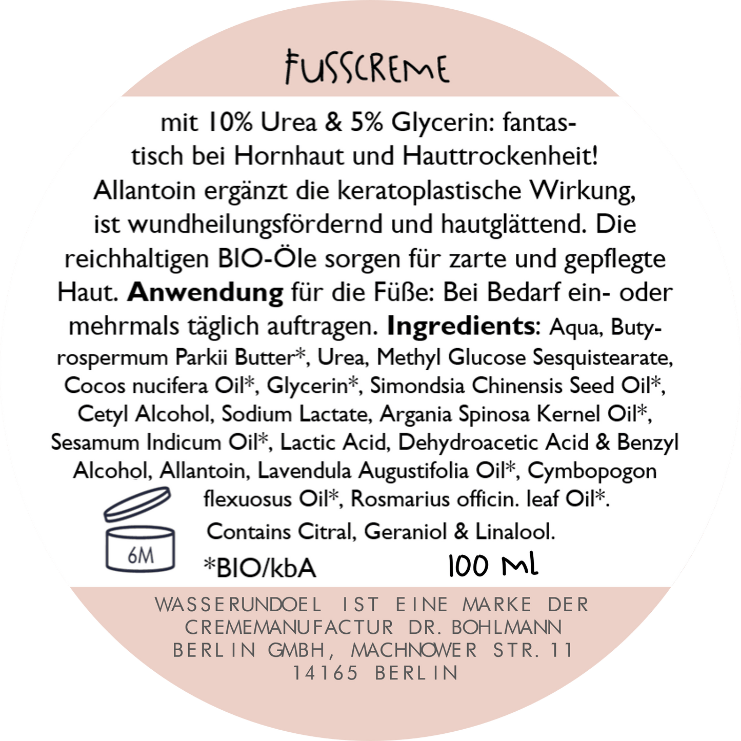 Fußcreme "schöne Füße": Bodenetikett mit Produktbeschreibung und Anwendungshinweisen