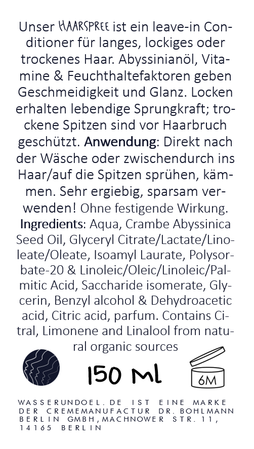 Beschreibung mit Anwendungshinweisen und Inhaltsstoffangabe (INCI) vom "Haarspree", dem leave-in Conditioner von wasserundoe