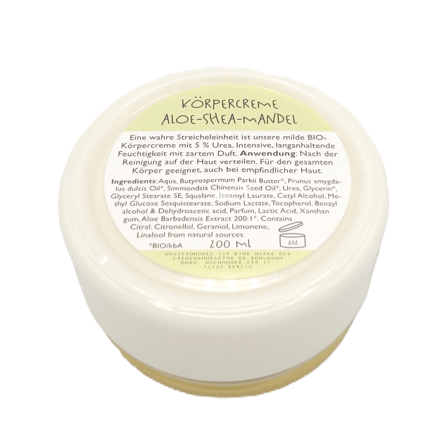 Blick auf den Bodenaufkleber derKörpercreme Aloe-Shea-Mandel