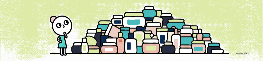 Strich-Figur steht rätselnd vor einem riesigen Hügel aus Kosmetikprodukten – Illustration zum Blogbeitrag: Hilfe, meine Haut mag ihre Pflege nicht!
