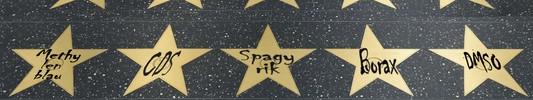 Nebeneinander liefende Sterne wie beim Walk of Fame, auf denen Begriffe wie DMSO udn ander esoteriosche Kosmetikzutaten stehen.