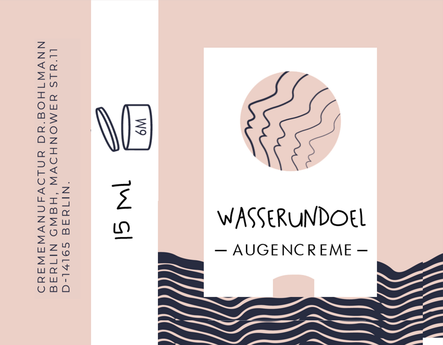 Originaletikett der Augencreme von wasserundöl mit den Angaben 15 ml Inhalt und 6 Monate Haltbarkeit sowie der Herstelleradresse