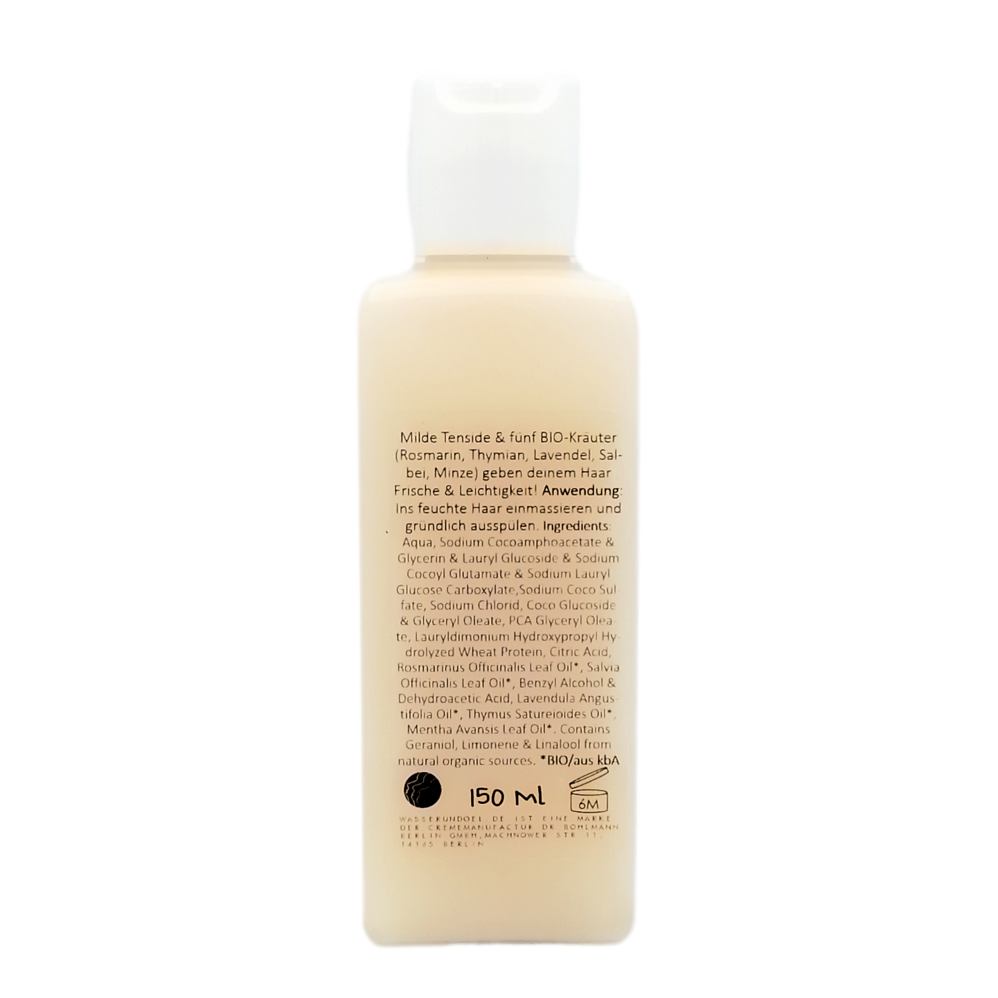 Rückseite der Flasche mit Kräutershampoo von wasserundoel mit Etikett z mit Information zu Anwendung und Inhaltsstoffen