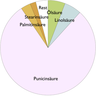 Tortendiagramm zum Fettsäurespektrum von Punicinsäure, einem wertvollen Bestandteil des Granatapfelkernöls