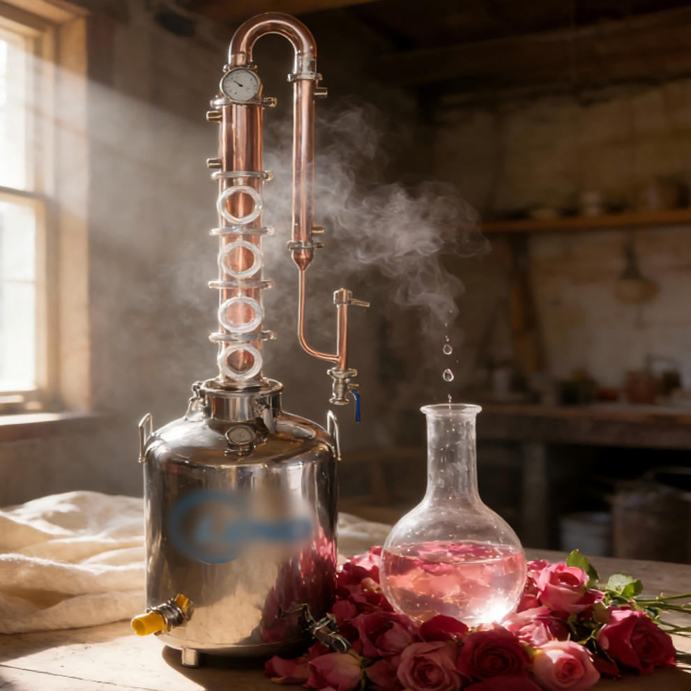 Eine kleine Kupferdestille, wie man sie zur Wasserdampfdestillation von Rosenöl und Rosenwasser verwendet, neben einem Rosenbouquet und einem Erlenmeyerkolben gefüllt mit dem Hydrolat