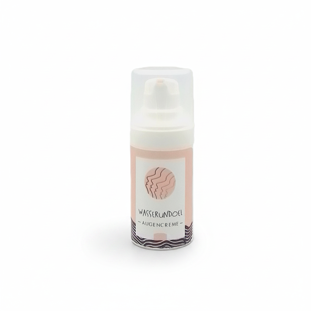 Augencreme mit Hyaluron und Bakuchiol von Wasserundoel im Airless-Spender 15 ml, reichhaltige Anti-Aging-Augenpflege, weißer Hintergrund