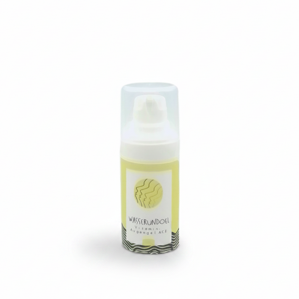 Vitamin-Augengel ACE von Wasserundoel im Airless-Spender 15 ml, erfrischende Augenpflege mit Hyaluron und Vitaminkomplex A-C-E, weißer Hintergrund