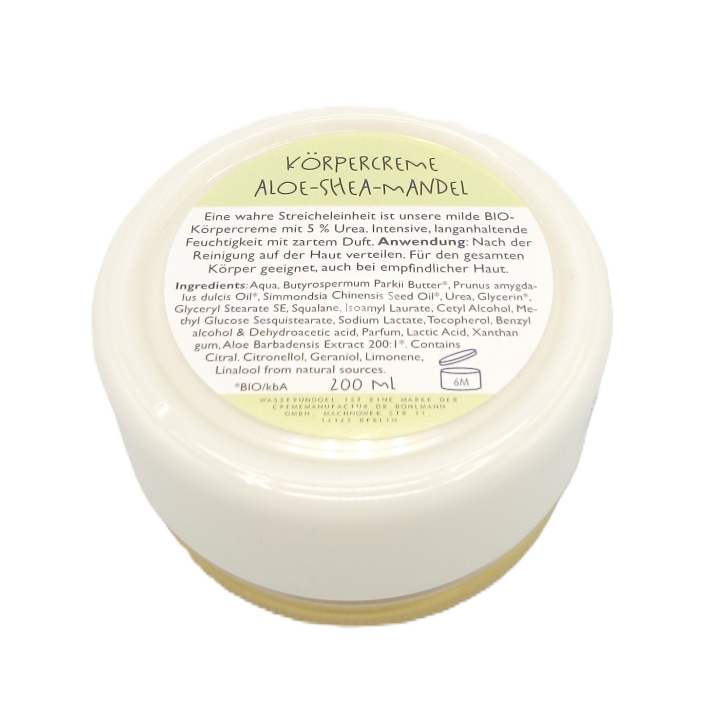 Unterseite der Körpercreme Aloe-Shea-Mandel mit Bodenaufkleber