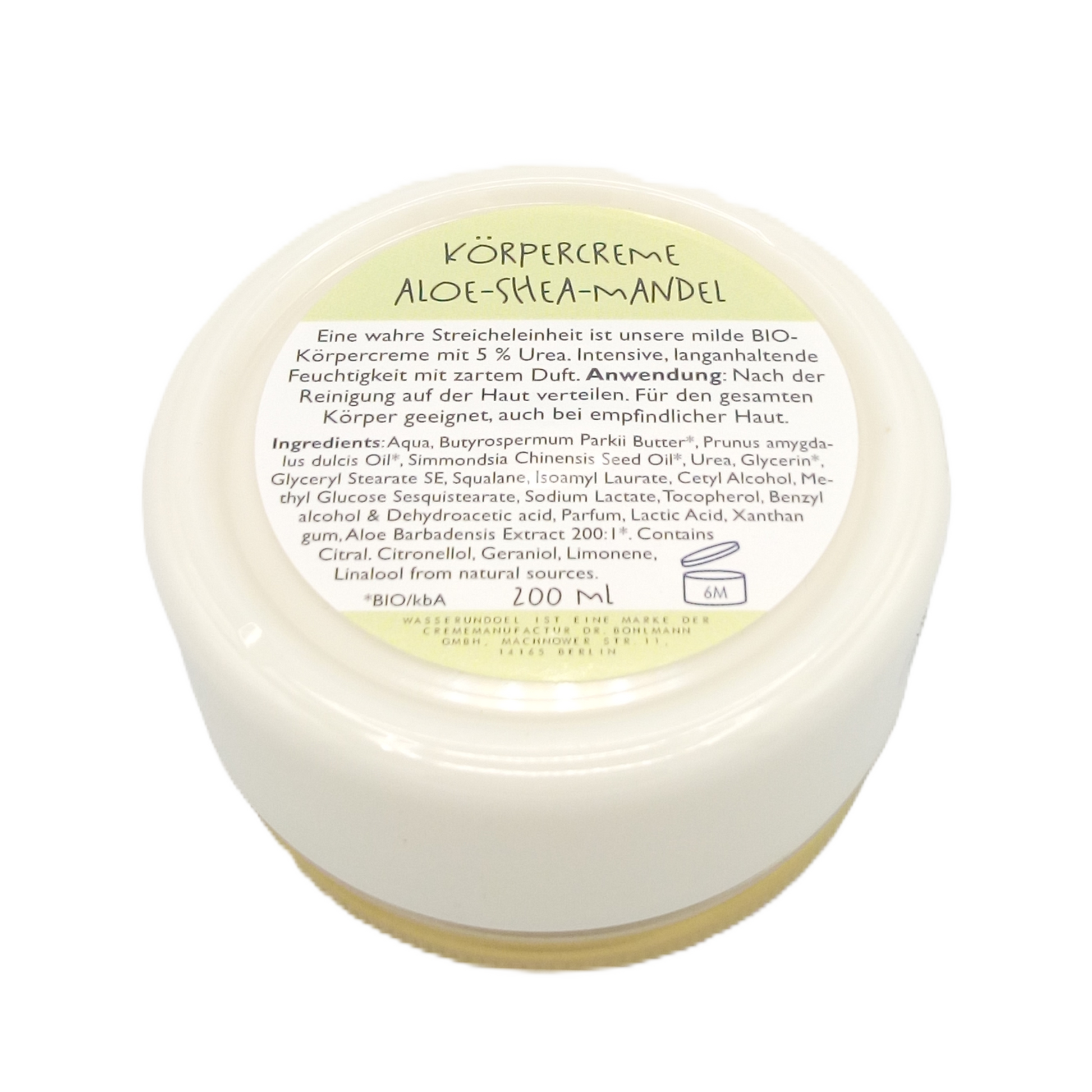 Unterseite der Körpercreme Aloe-Shea-Mandel mit Bodenaufkleber