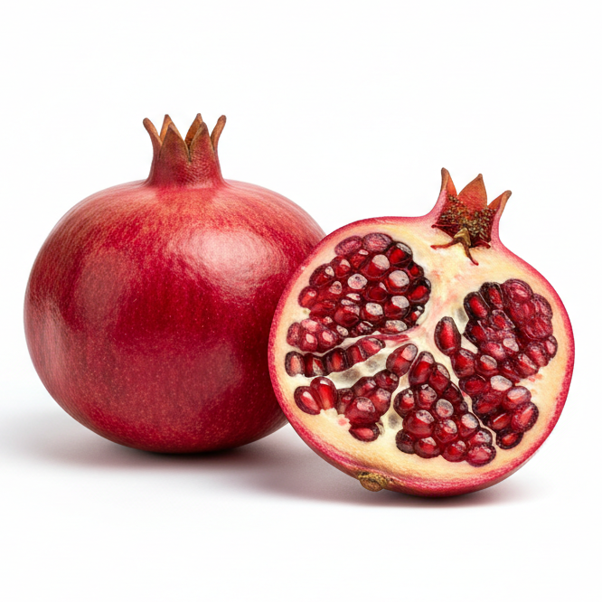 Ganze Granatapfelfrucht und aufgeschnittener Granatapfel mit rubinroten Kernen auf weißem Hintergrund – Schlüsselinhaltsstoff im Tagesfluid mit Hyaluron und Bakuchiol von wasserundoel