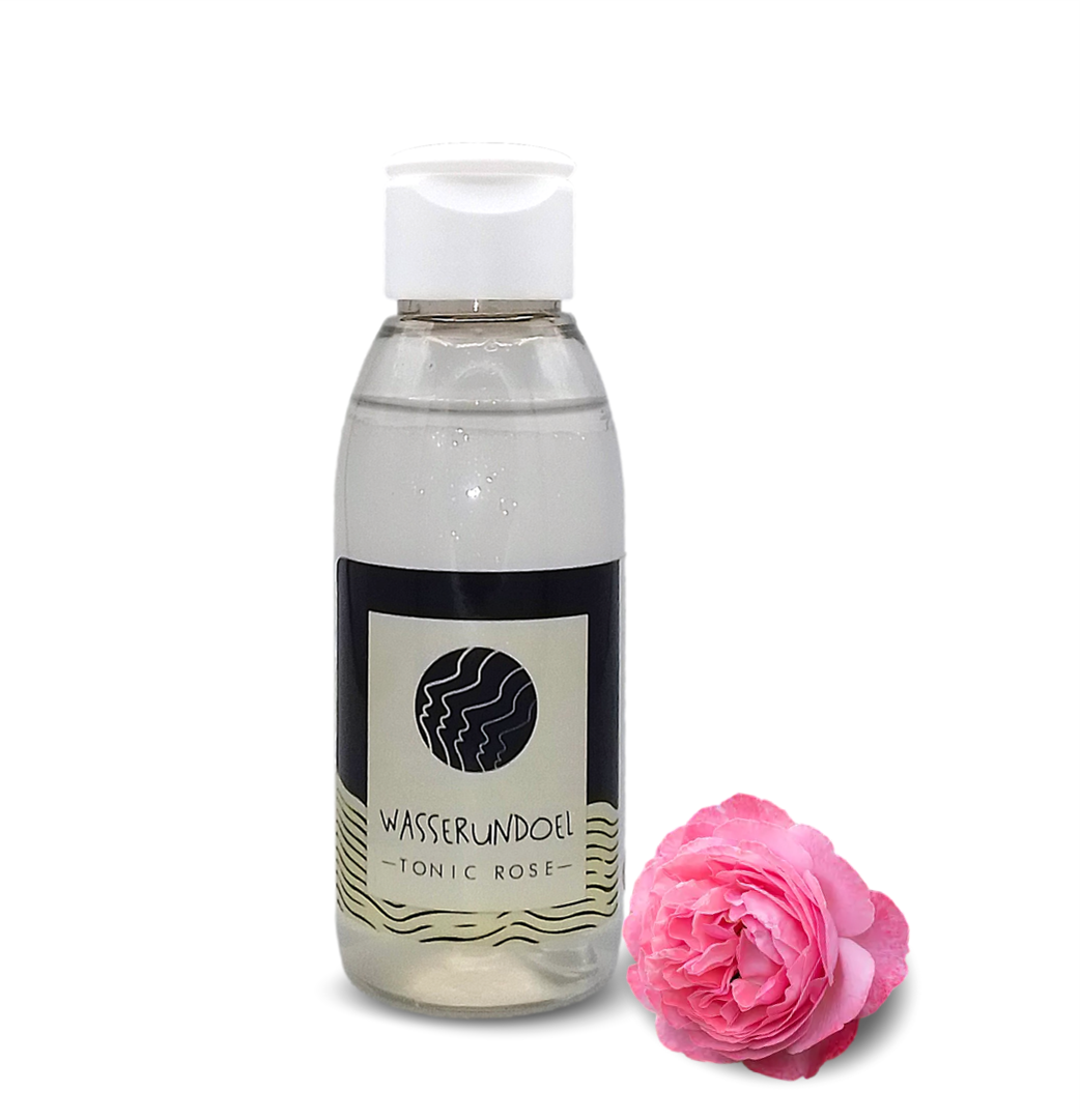 Wasserundoel Rosentonic mit Koffein und Hyaluron – 100-ml-Flasche aus Recycling-PET mit einer Damaszener Rose