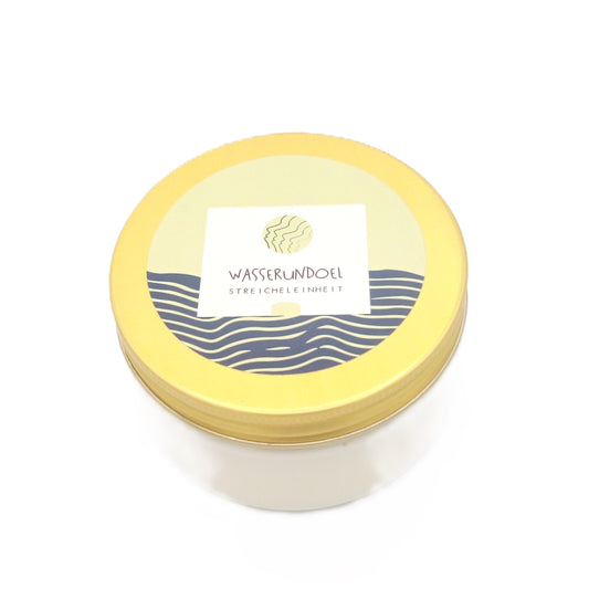 Tiegel mit goldfarbenem Deckel Körpercreme von wasserundoel